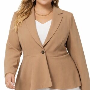 Agnes Orinda Womens Plus 5X Peplum Blazer Camel Brown Single Button Jacket